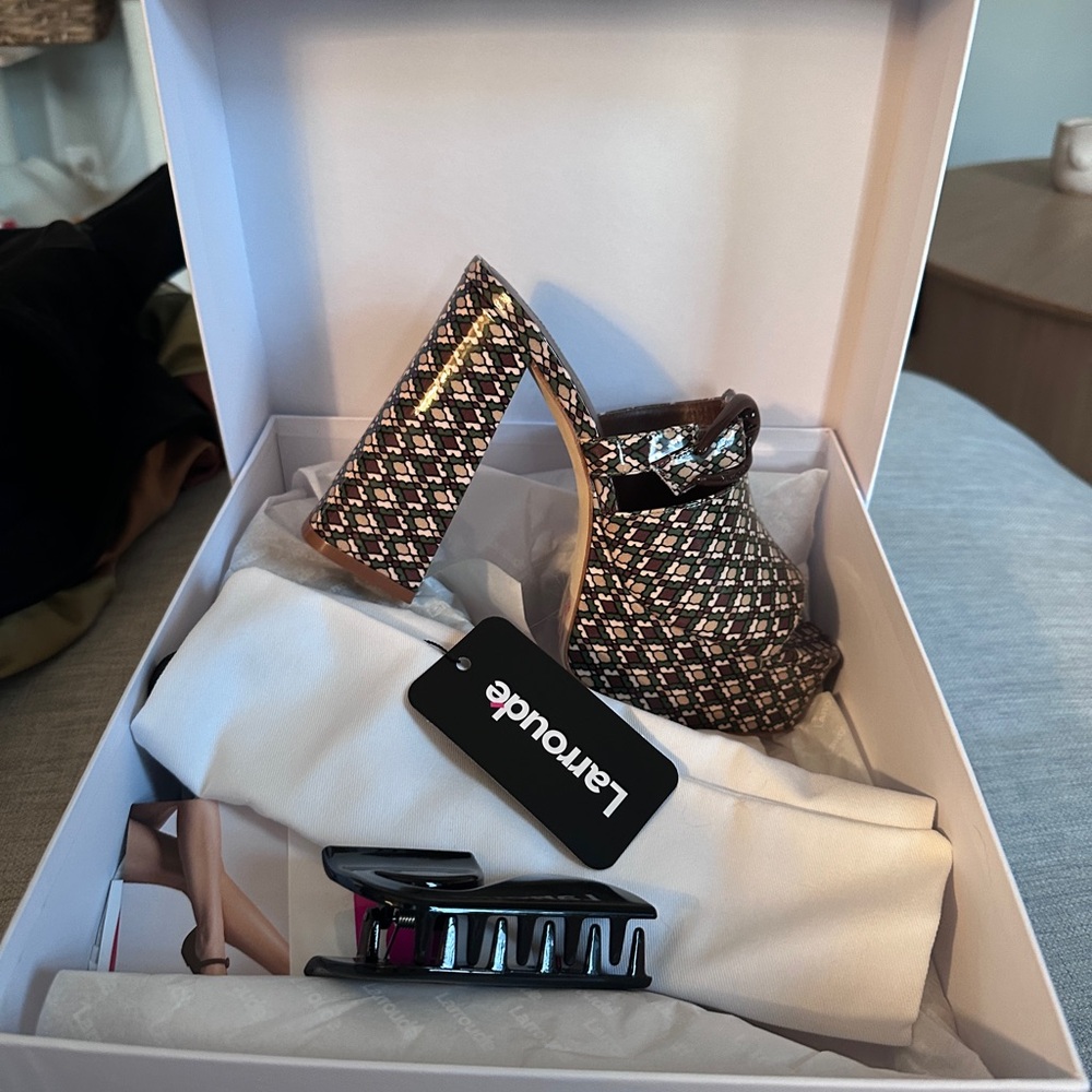 Larroude Pink and Black Woven Platform Mule